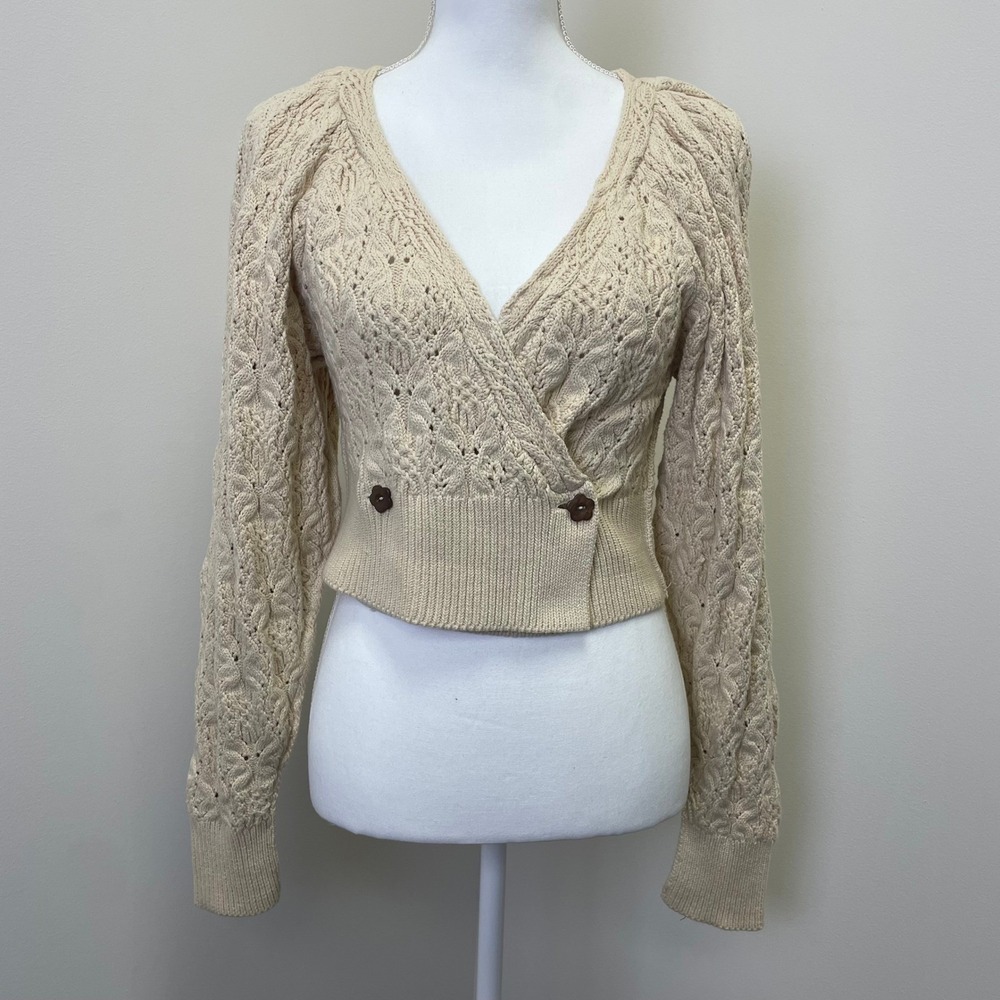Free People Cream Pointelle Cable Knit Wrap Cardigan XS Puff Sleeve Cropped